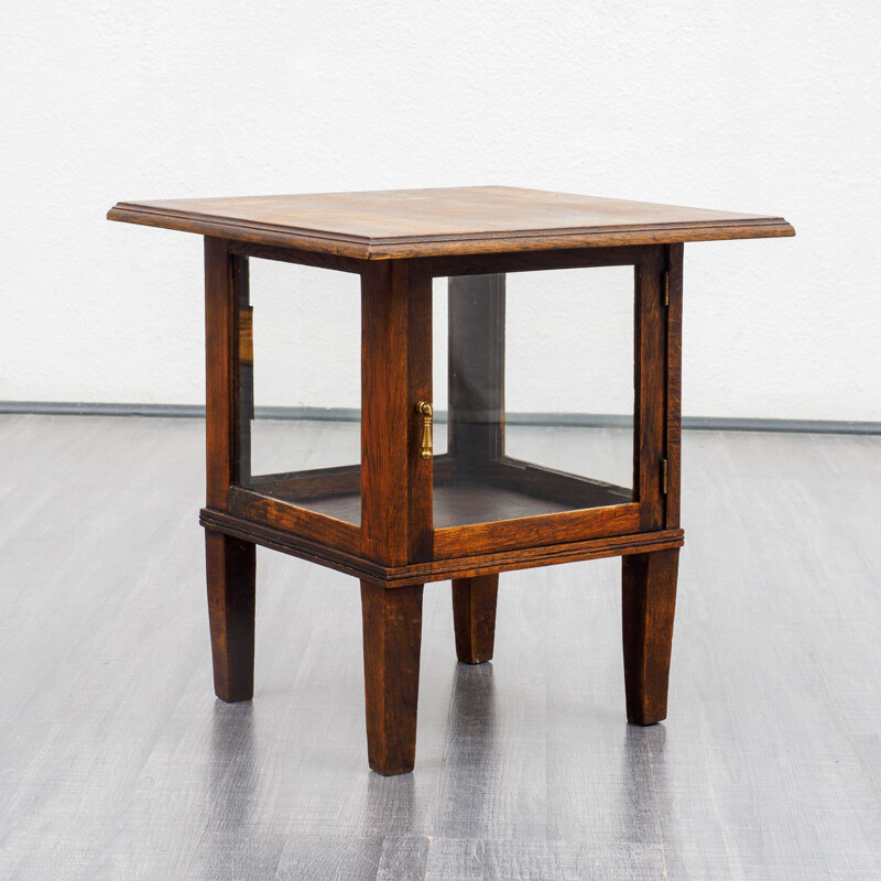 Vintage side table with glass cabinet, oak 1940s