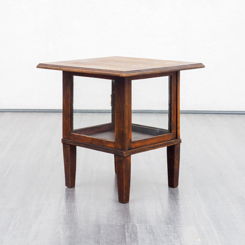 Vintage side table with glass cabinet, oak 1940s