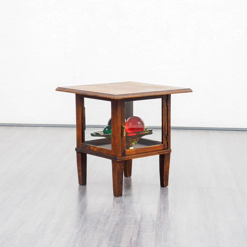 Vintage side table with glass cabinet, oak 1940s