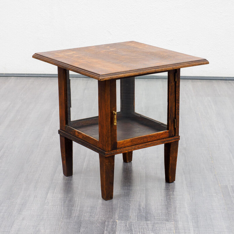 Vintage side table with glass cabinet, oak 1940s