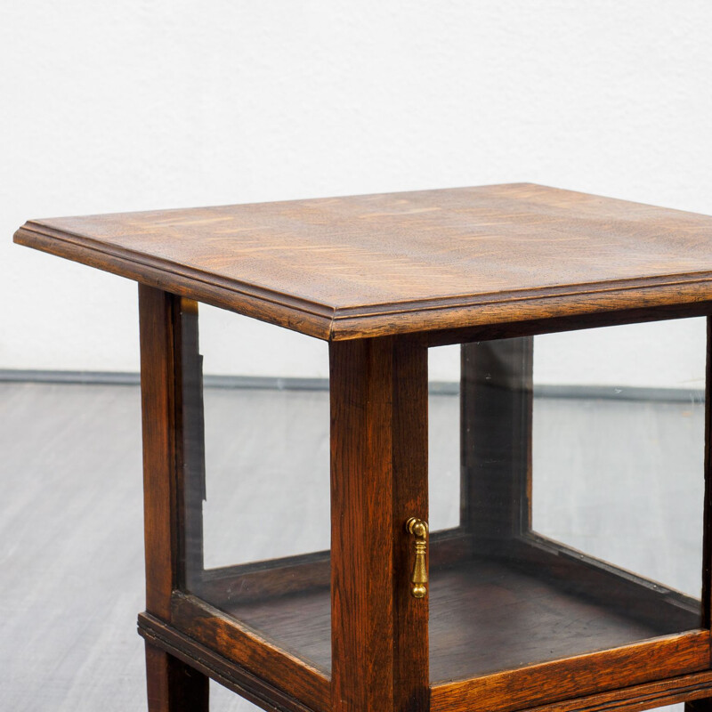 Vintage side table with glass cabinet, oak 1940s