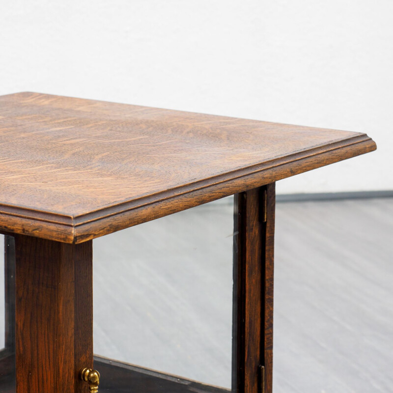 Vintage side table with glass cabinet, oak 1940s