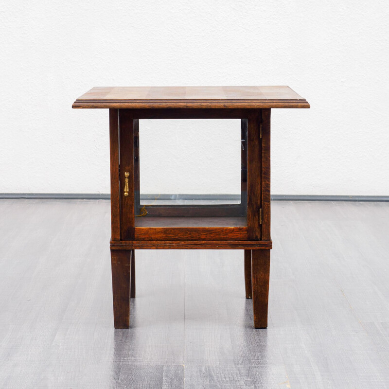 Vintage side table with glass cabinet, oak 1940s