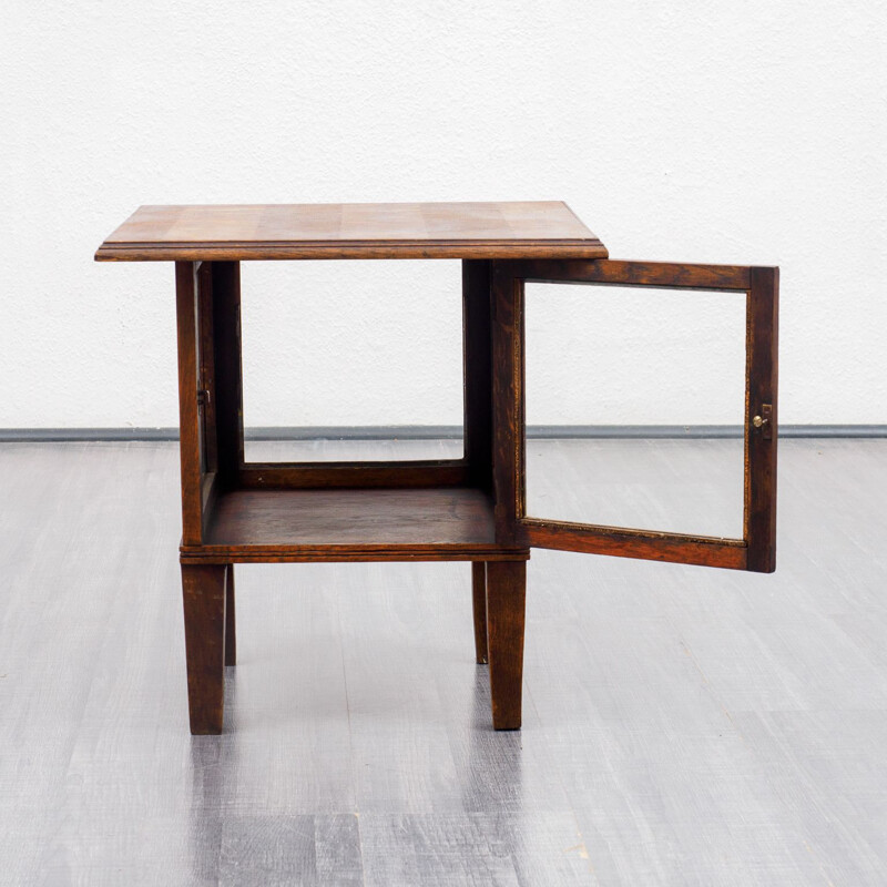 Vintage side table with glass cabinet, oak 1940s