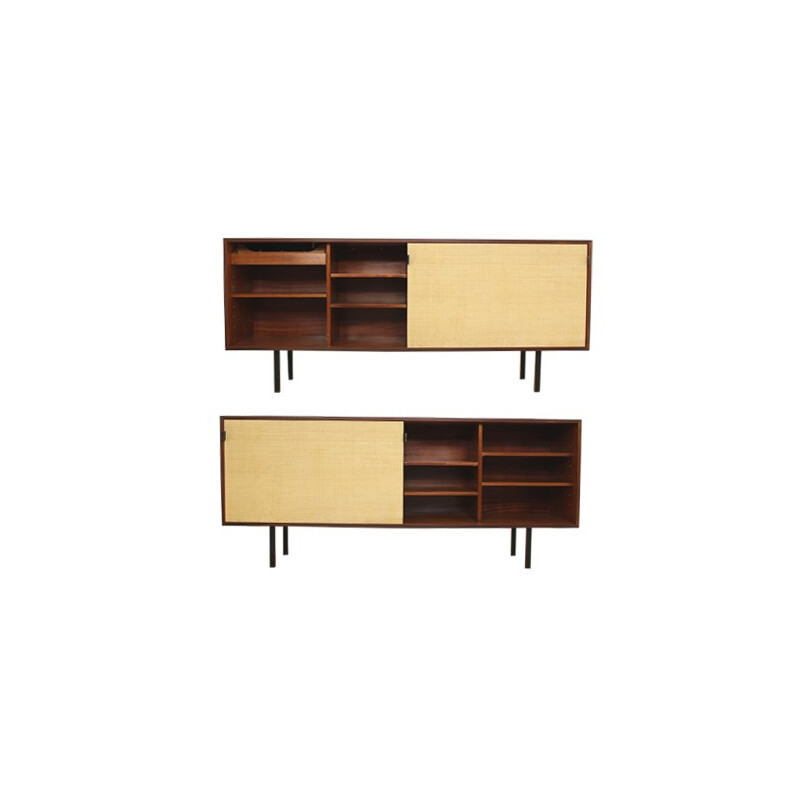 Model 116 sideboard in teak, steel, seagrass and leather, Florence KNOLL - 1950s