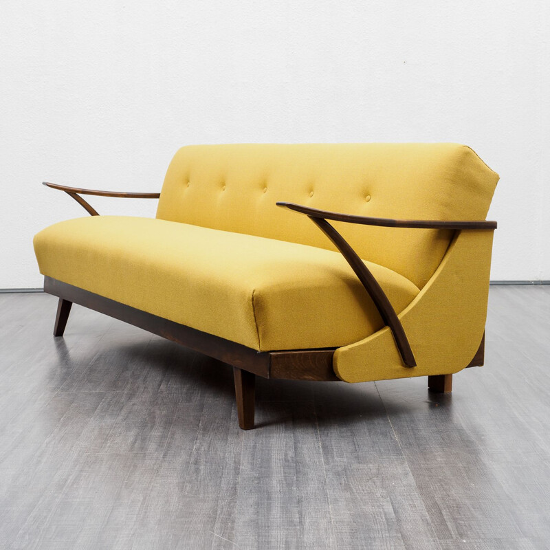 Mid-Century fold-out sofa, restored, yellow 1950s