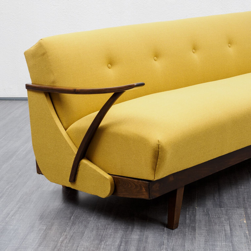 Mid-Century fold-out sofa, restored, yellow 1950s