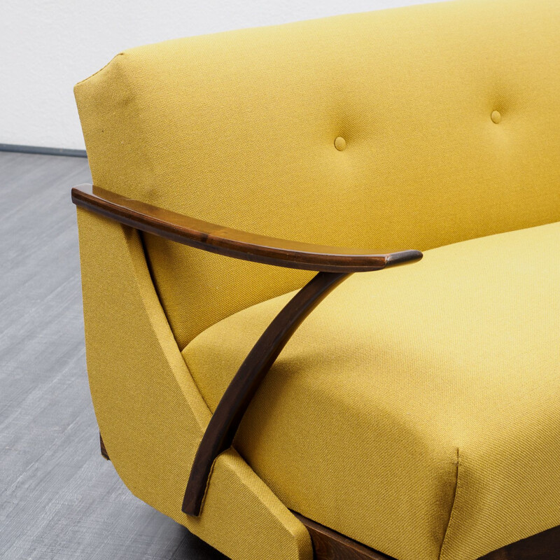 Mid-Century fold-out sofa, restored, yellow 1950s