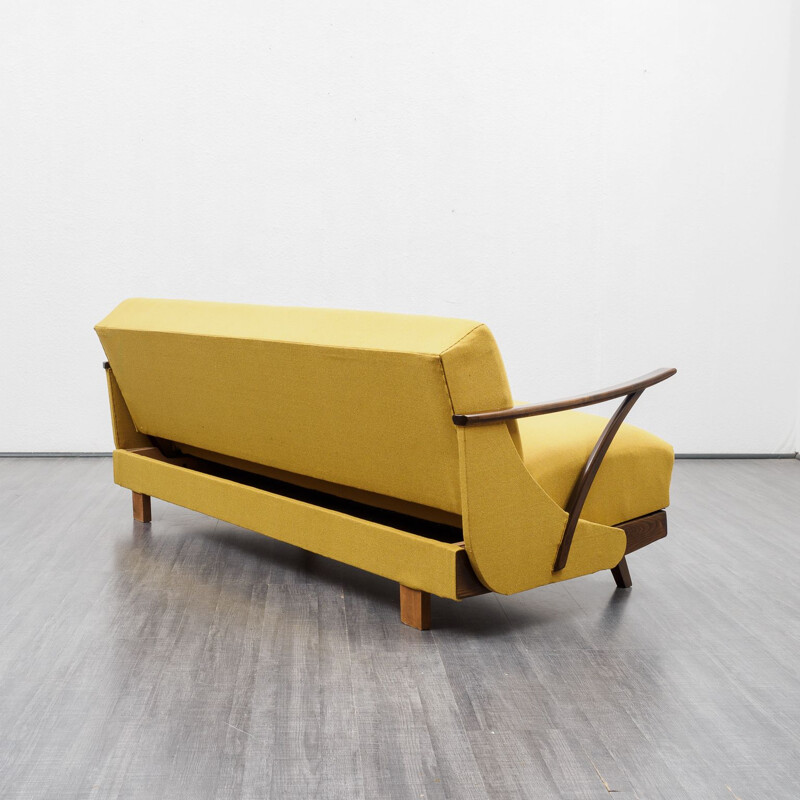 Mid-Century fold-out sofa, restored, yellow 1950s