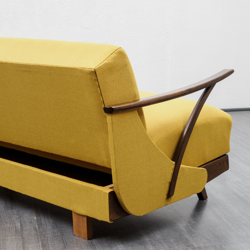 Mid-Century fold-out sofa, restored, yellow 1950s