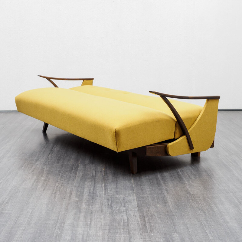 Mid-Century fold-out sofa, restored, yellow 1950s