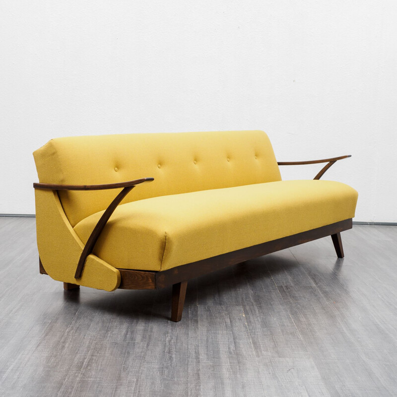 Mid-Century fold-out sofa, restored, yellow 1950s