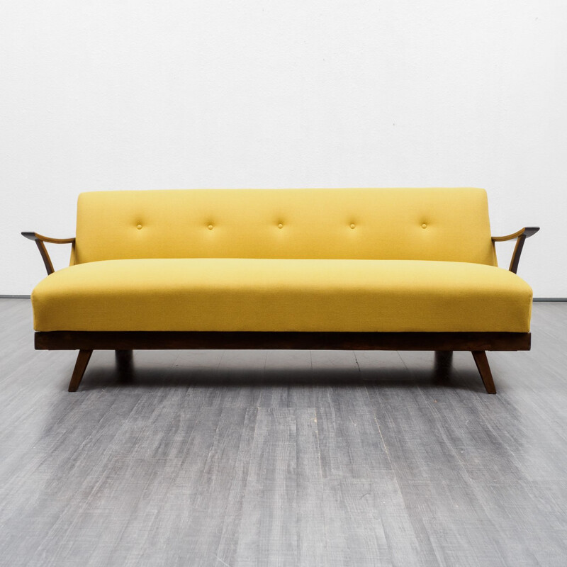 Mid-Century fold-out sofa, restored, yellow 1950s