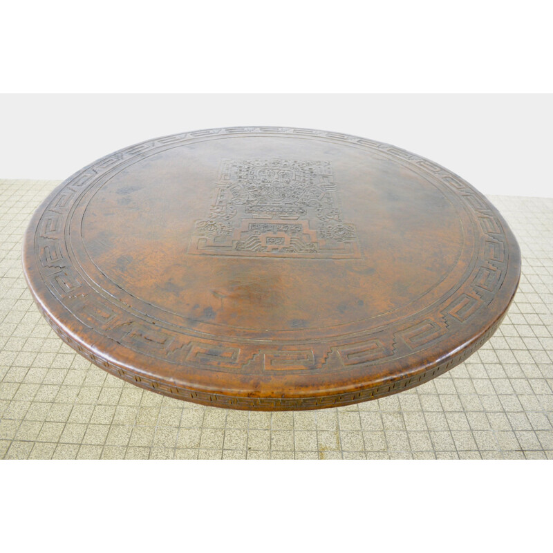 Vintage Peruvian hand carved 'inca theme' leather coffee table