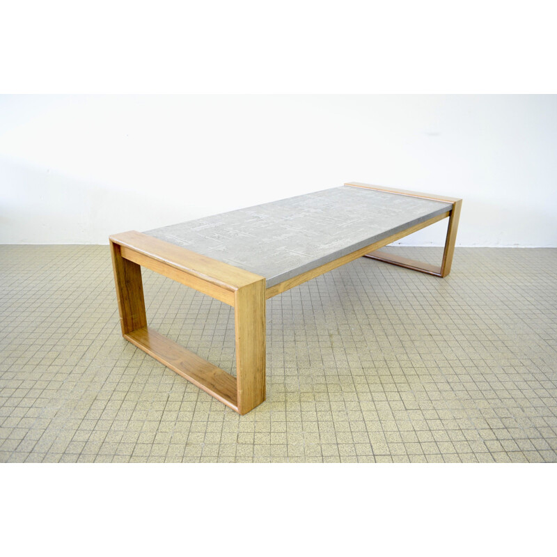 Vintage coffee table with oak wooden frame Brutalist metal etched