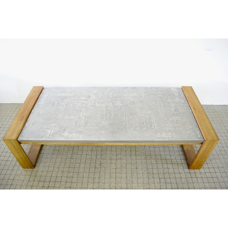 Vintage coffee table with oak wooden frame Brutalist metal etched