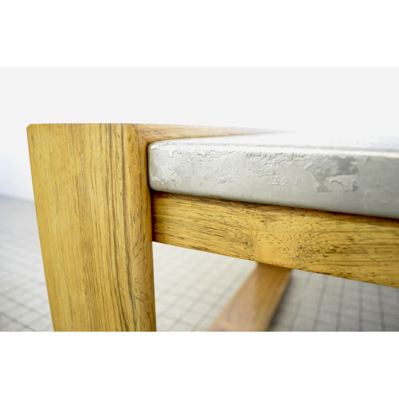 Vintage coffee table with oak wooden frame Brutalist metal etched