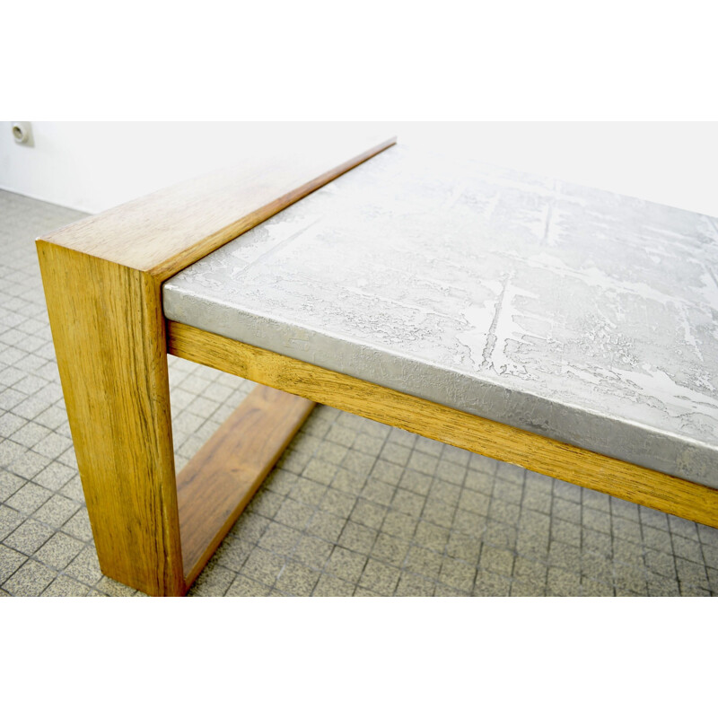 Vintage coffee table with oak wooden frame Brutalist metal etched