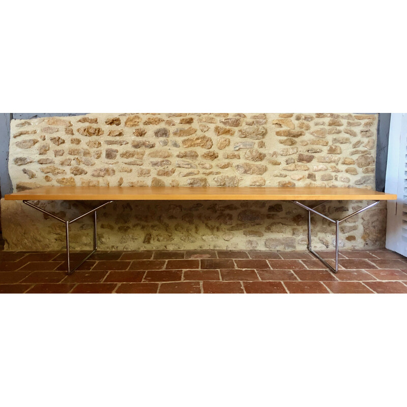 Vintage bench in varnished natural wood Harry Bertoia Knoll 1970