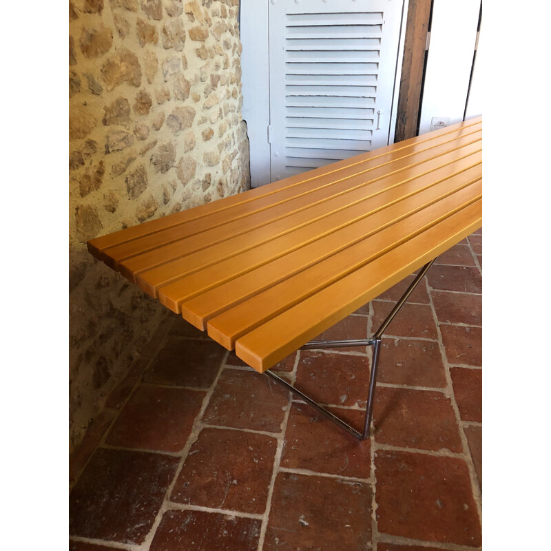 Vintage bench in varnished natural wood Harry Bertoia Knoll 1970