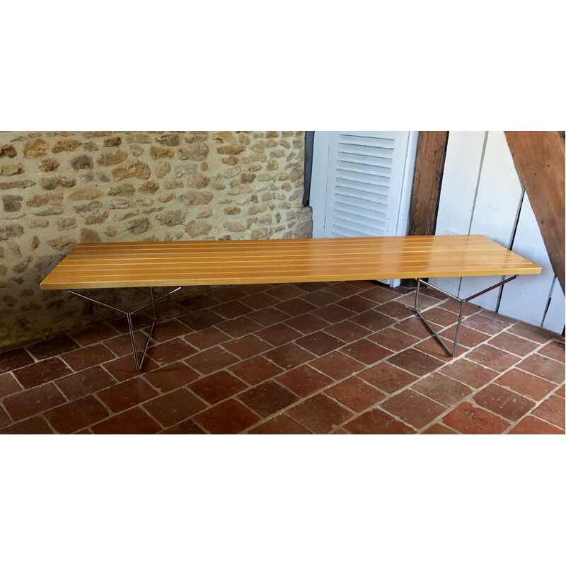 Vintage bench in varnished natural wood Harry Bertoia Knoll 1970