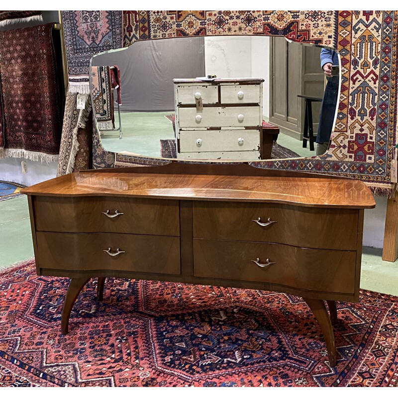 Vintage walnut dressing table with compass feet 1970