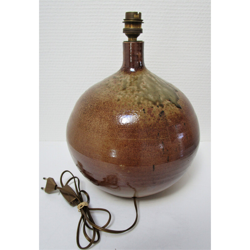 Vintage ceramic ball lamp enamelled ochre brown khaki 1960