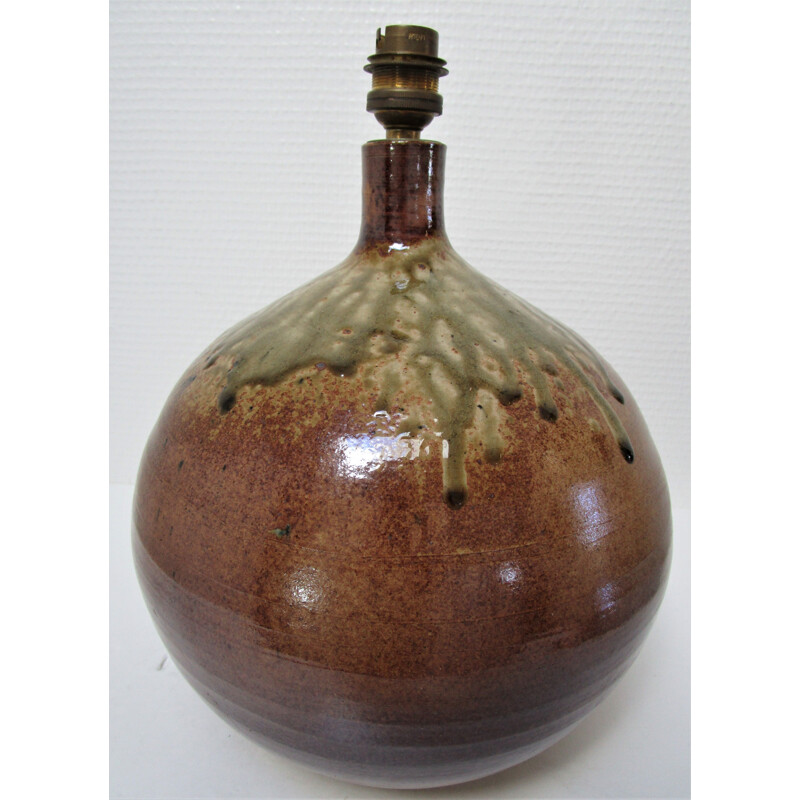 Vintage ceramic ball lamp enamelled ochre brown khaki 1960