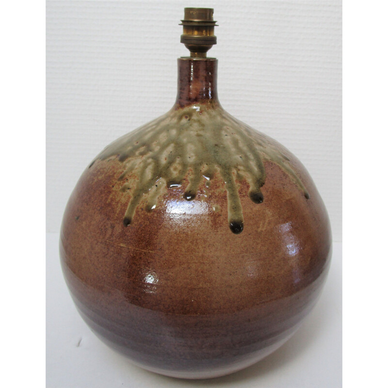 Vintage ceramic ball lamp enamelled ochre brown khaki 1960