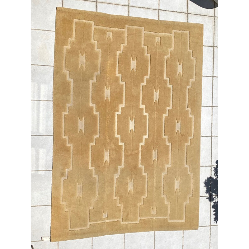 Vintage plain cream wool rug signed Cogolin manufacture 1970