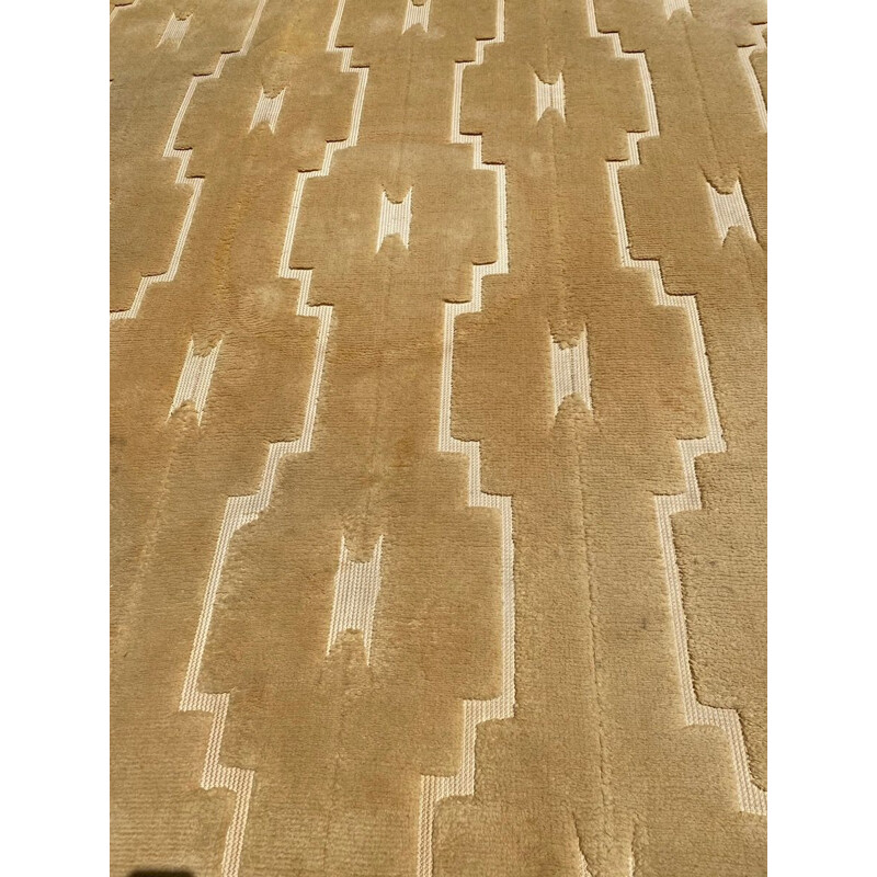 Vintage plain cream wool rug signed Cogolin manufacture 1970