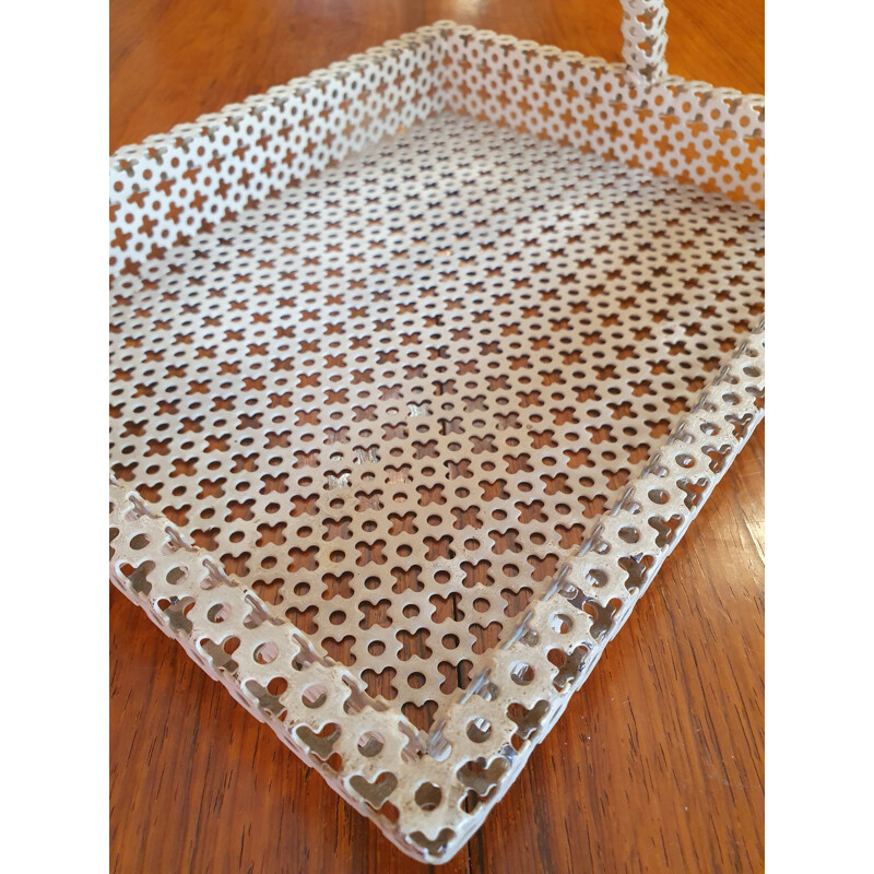 Vintage perforated metal and cream lacquered tray, 1950