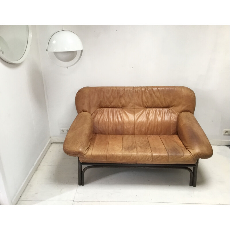 Scandinavian brown leather and bamboo sofa