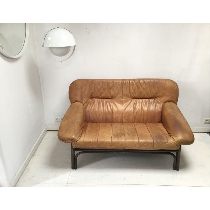 Skandinavisches Vintage-Sofa aus braunem Leder und Bambus