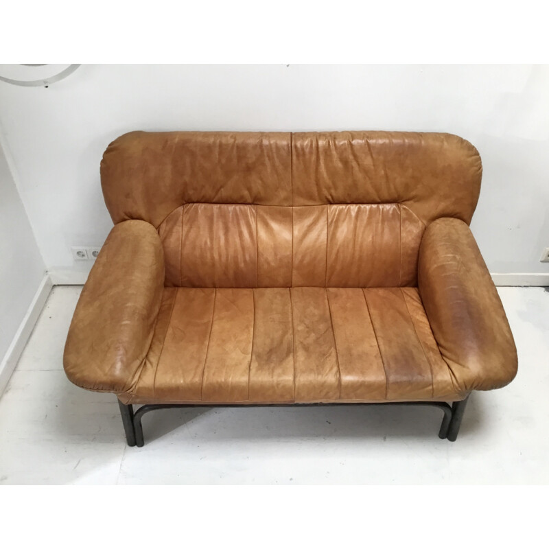 Vintage Brown leather 2 seater sofa Scandinavian 
