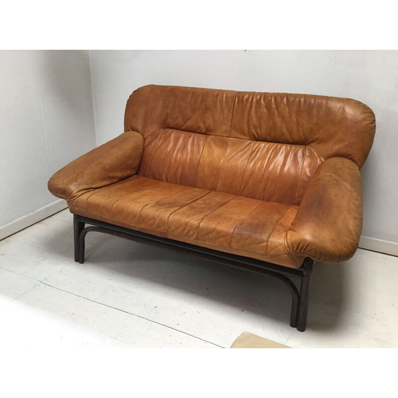 Scandinavian brown leather and bamboo sofa