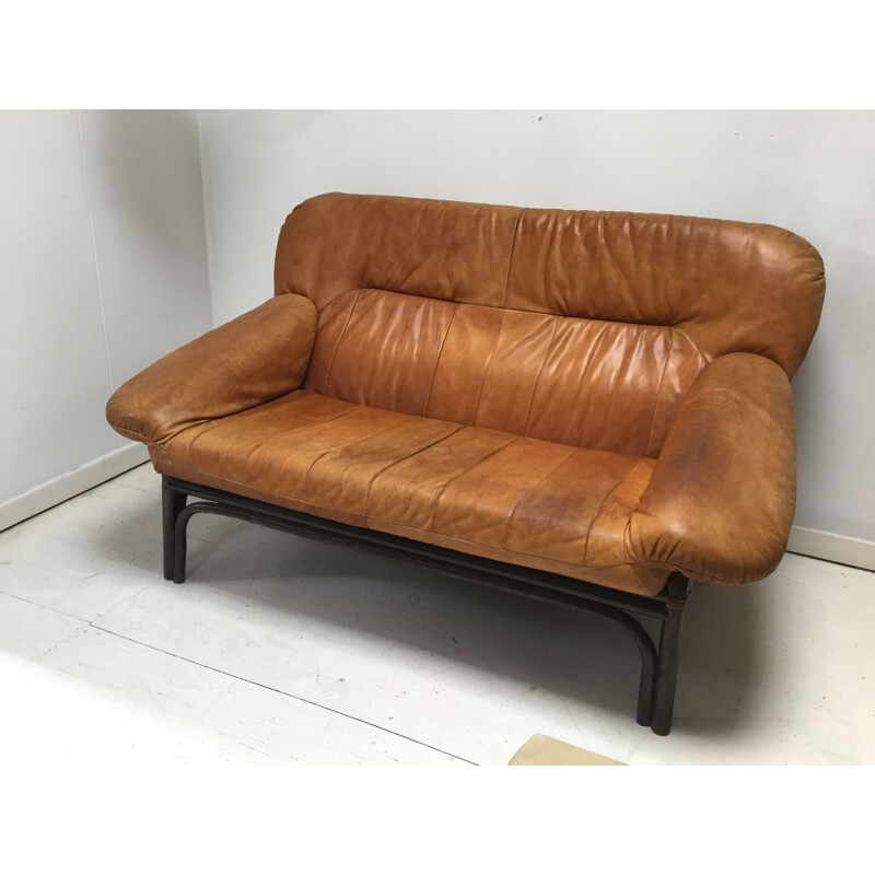 Canapé scandinave vintage en cuir brun et bambou