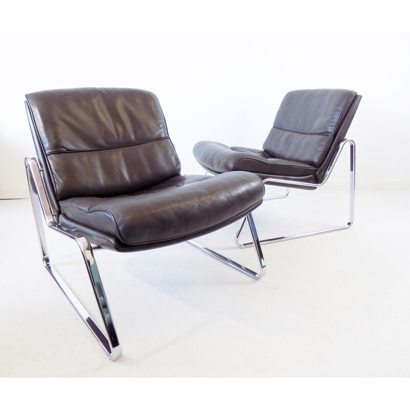 Pair of vintage brown leather lounge chairs Drabert by Gerd Lange