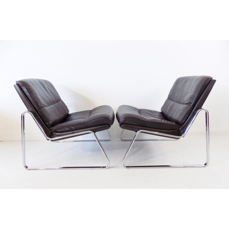 Paire de fauteuils lounges vintage en cuir brun Drabert de Gerd Lange