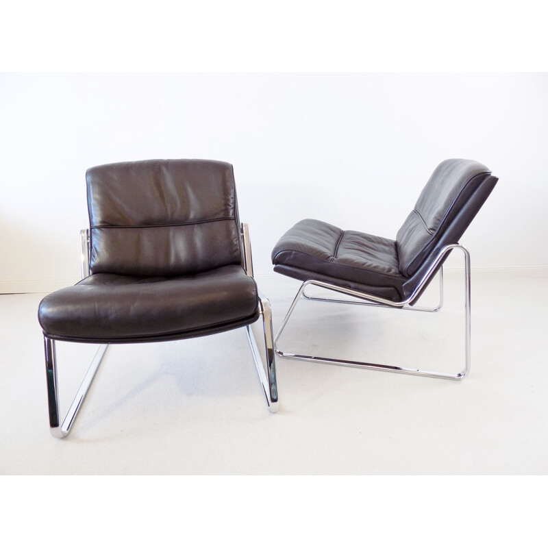 Pair of vintage brown leather lounge chairs Drabert by Gerd Lange