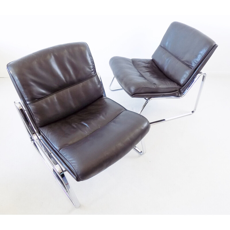 Pair of vintage brown leather lounge chairs Drabert by Gerd Lange