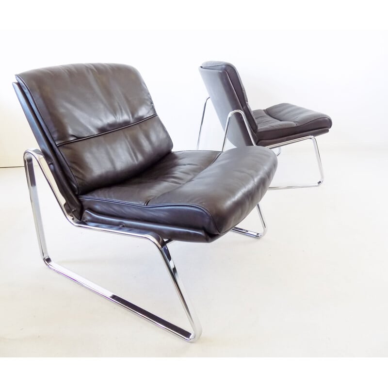 Pair of vintage brown leather lounge chairs Drabert by Gerd Lange