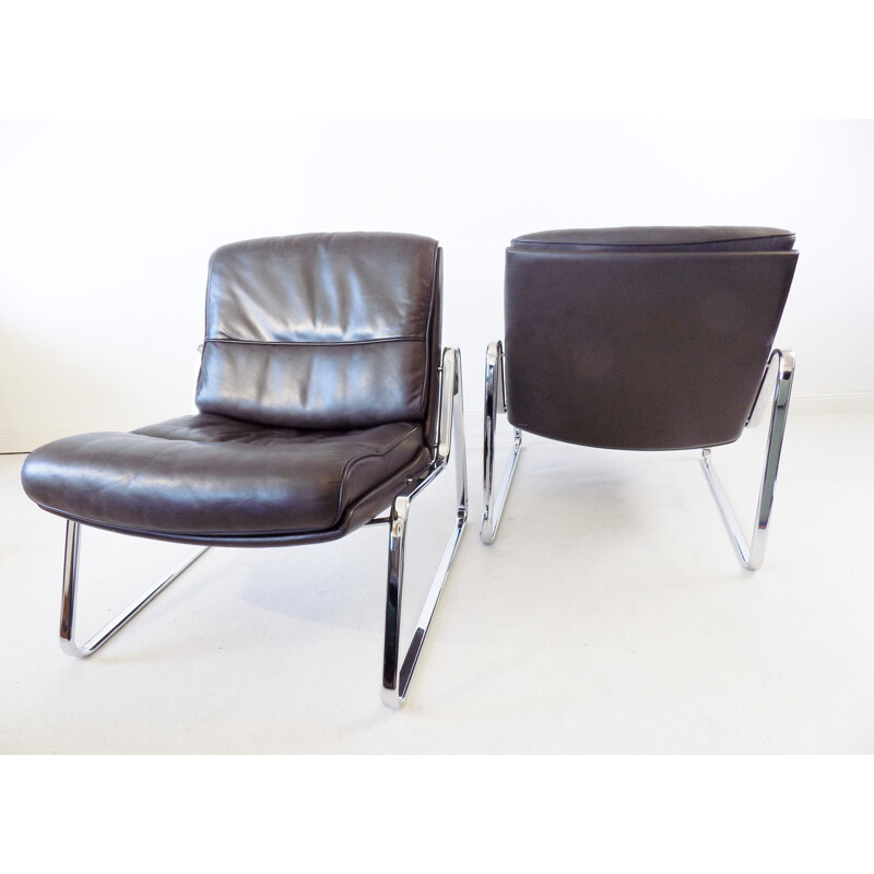 Paire de fauteuils lounges vintage en cuir brun Drabert de Gerd Lange