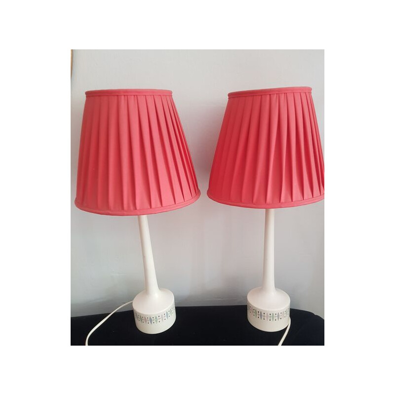 Pair of vintage table lamps in painted wood with geometric pattern by Hans Agne Jakobsson