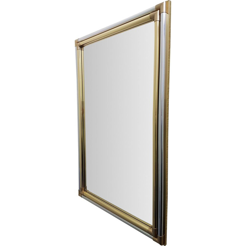 Large vintage Hollywood Regency brass & chrome mirror, 1970s