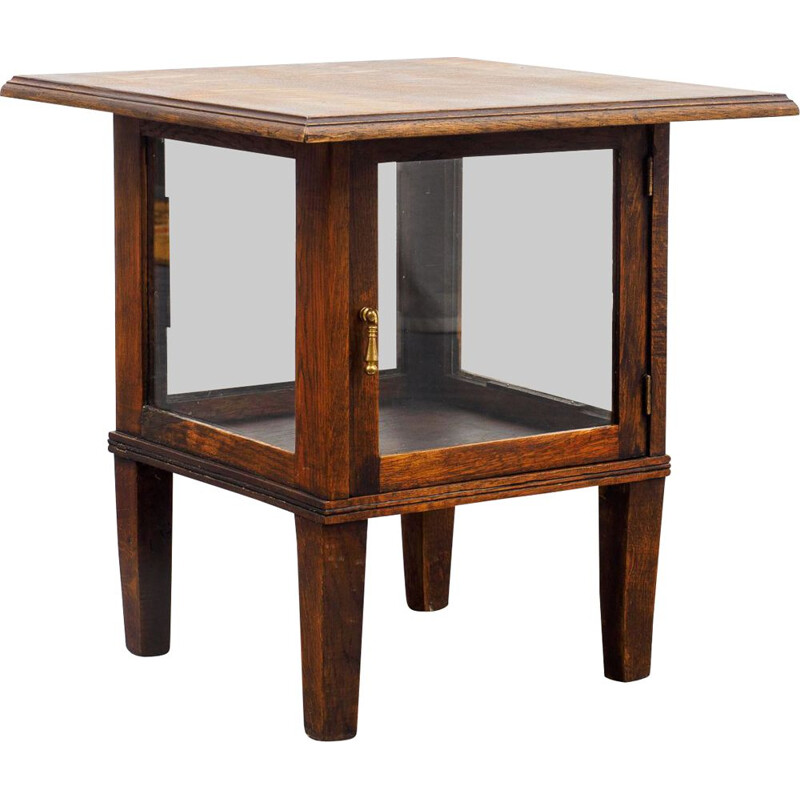 Vintage side table with glass cabinet, oak 1940s