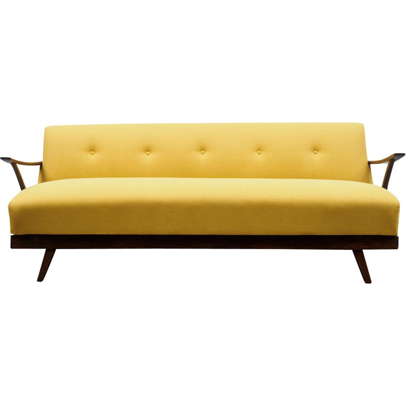 Mid-Century fold-out sofa, restored, yellow 1950s