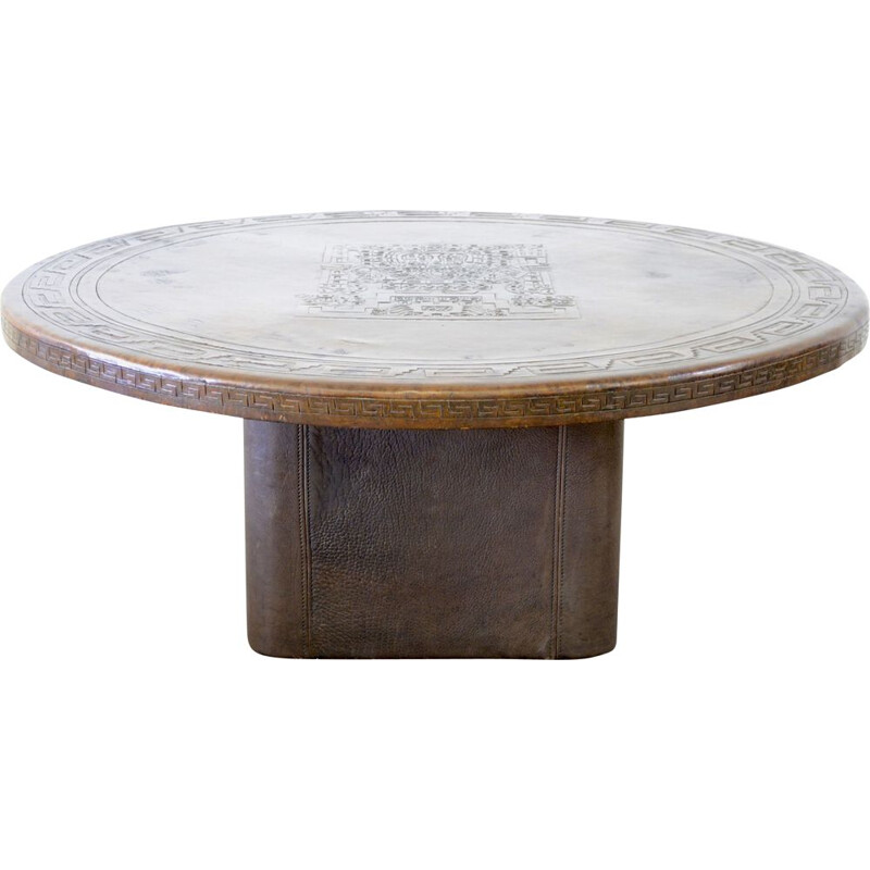 Table basse vintage péruvienne en cuir "thème inca" sculpté à la main