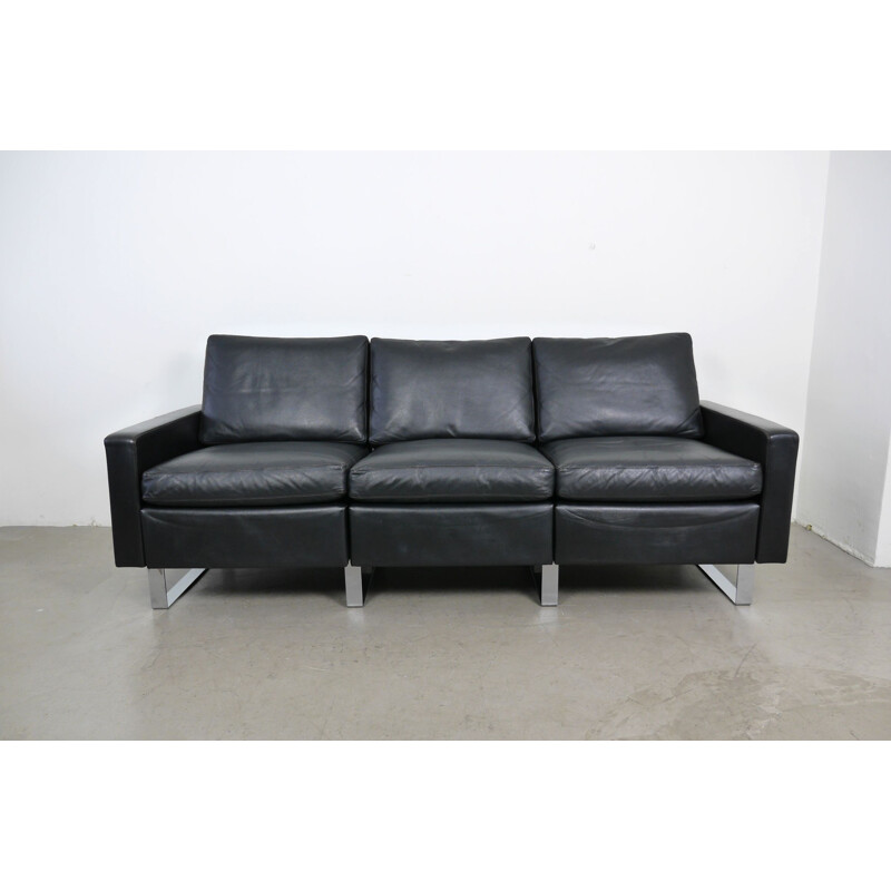 Vintage Black Leather Conseta Sofa by F. W. Möller for Cor Germany 1960