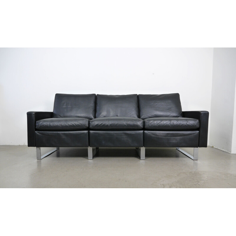 Vintage Black Leather Conseta Sofa by F. W. Möller for Cor Germany 1960